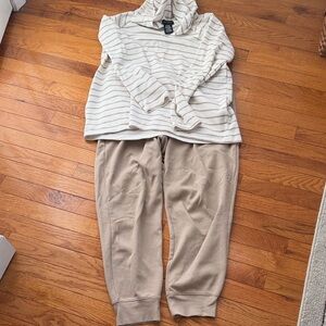Striped Hooded Top and Tan Jogger Set - Casual Women's Lounge Set